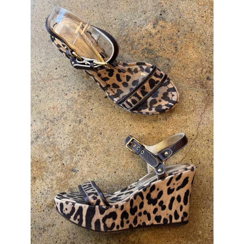 Dolce & Gabbana Size 38 Leopard Print Canvas Leather Slingback Wedge Heels